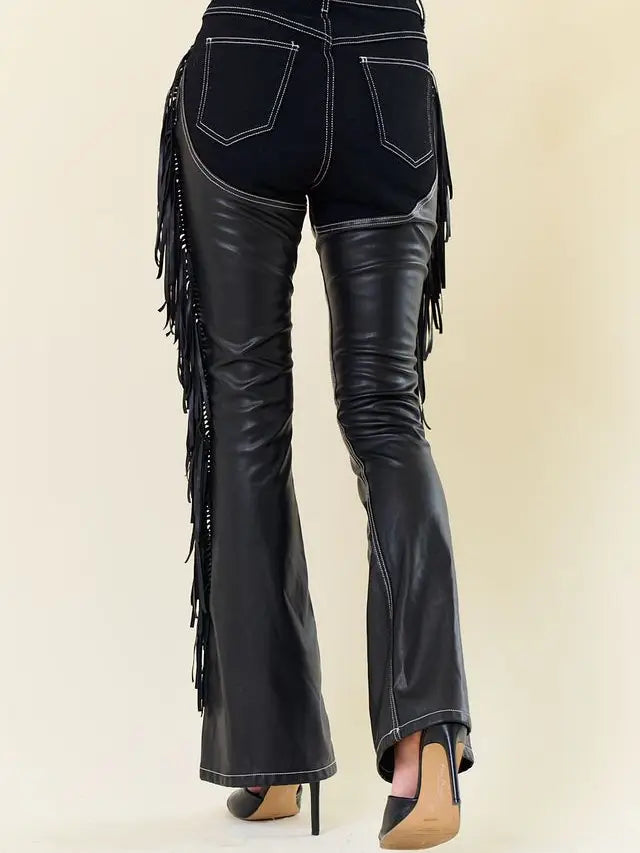 Leather Fringe Flare Pants in Black