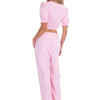 Pink Puff Sleeve Front-Tie Crop Top