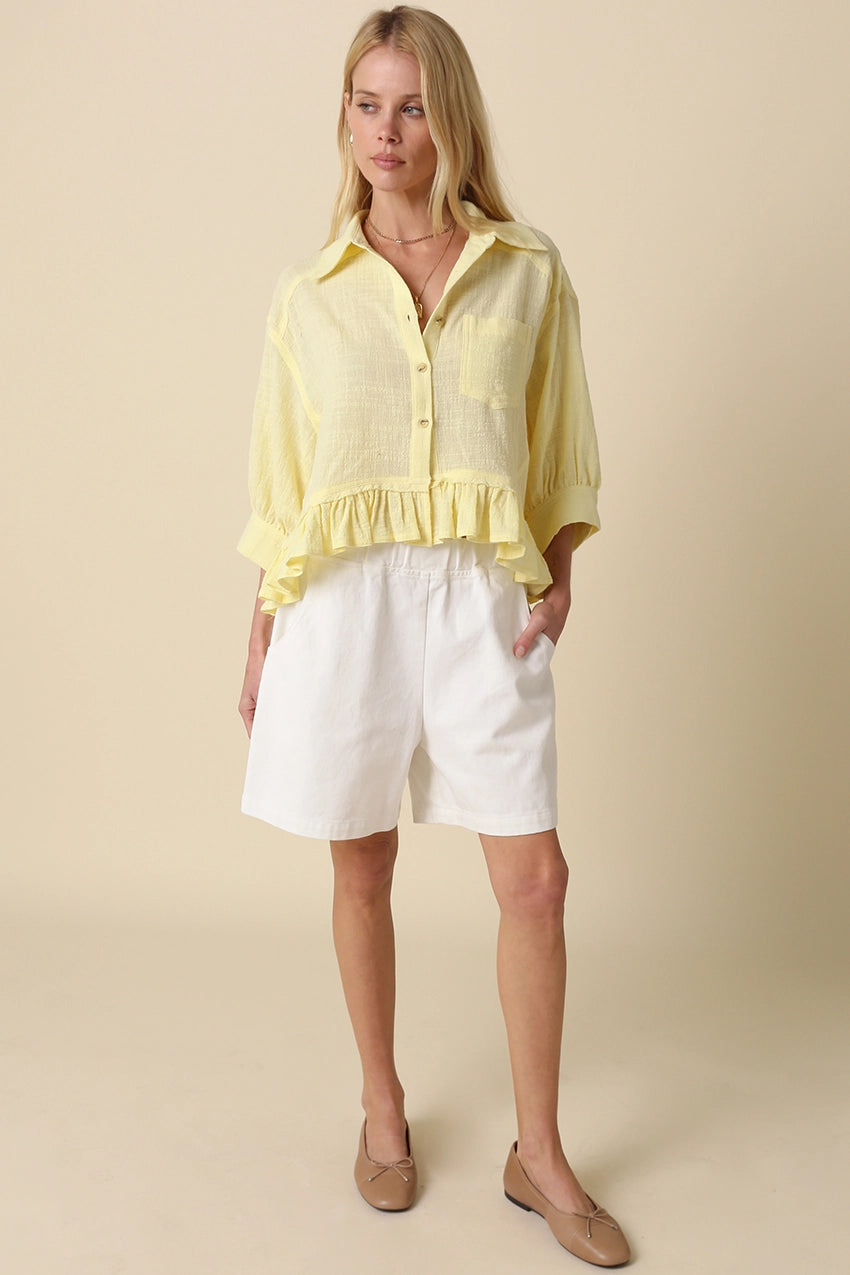 Lightweight Ruffle Hem Button-Up Blouse with Puff Sleeves in Pastel Yellow