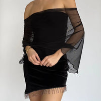 Black Sheer Mesh Off-Shoulder Draped Wrap Top