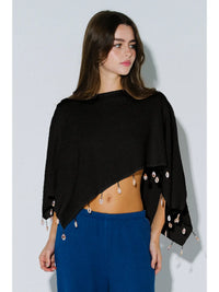 Black Sheer Knit Poncho Top with Shell Tassel Trim