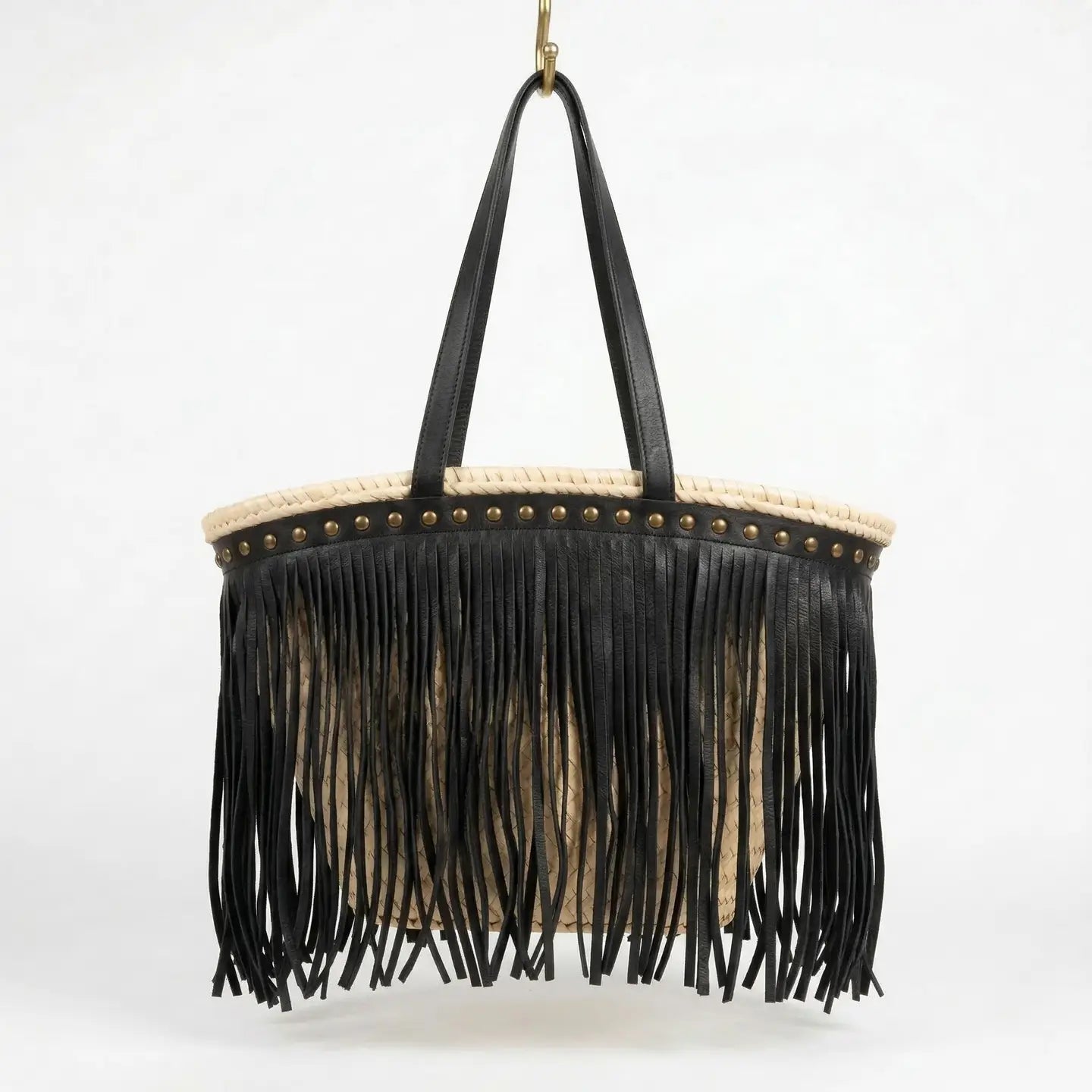Fringe Leather Trim Moroccan Straw Black Tote Boho Beach Market Bag