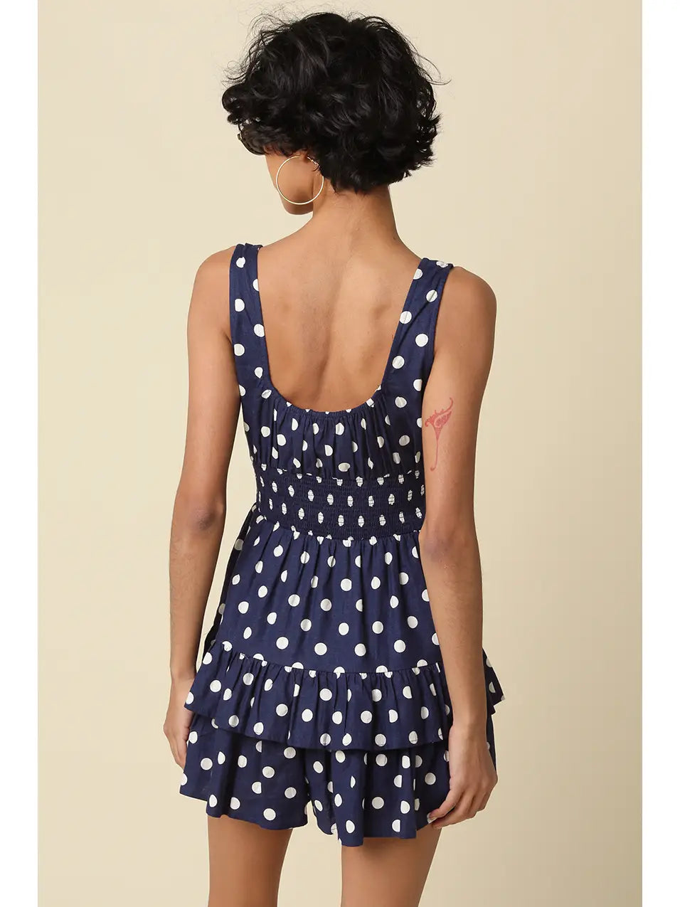 Polka Dot Tiered Romper with Smocked Bodice and Ruffle Skirt