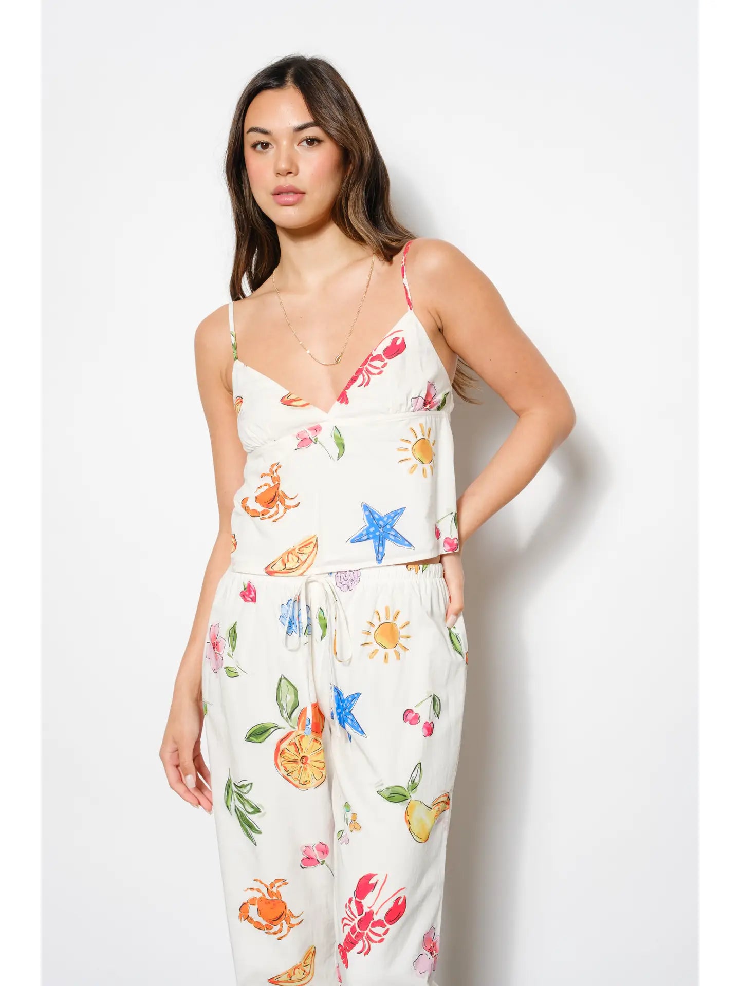 White Tropical Fruit & Sea Life Print Spaghetti Strap Top