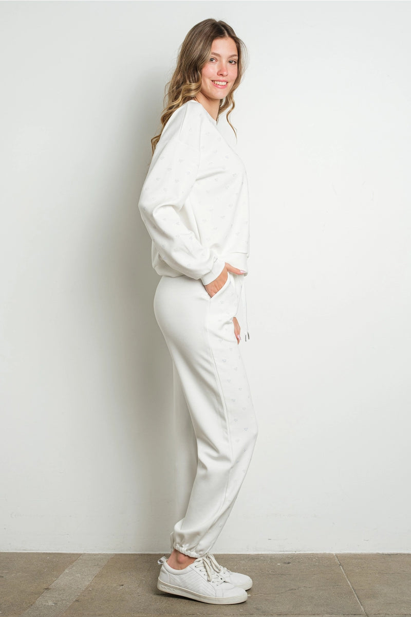Crystal Heart Embellished White Sweatshirt