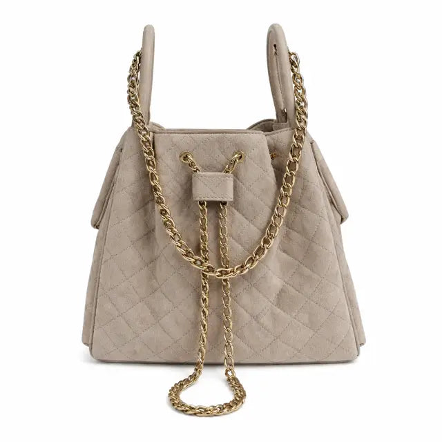 Quilted Bucket Large Bag with Gold Chain Strap and Drawstring Closure