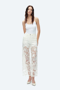 White Wide Leg Jeans with Sheer Floral Lace Panels