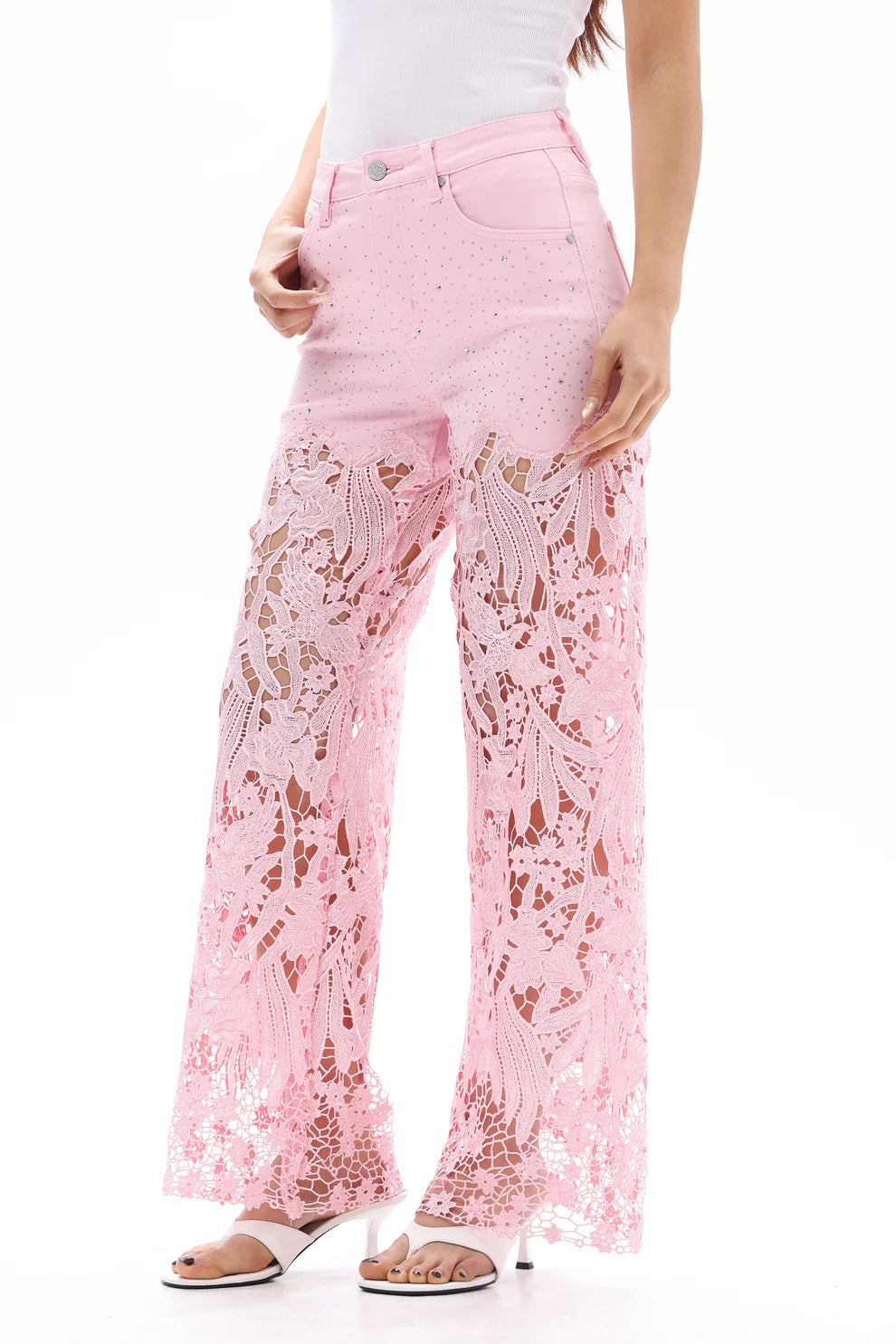 Pink Wide Leg Jeans with Sheer Floral Lace Panels