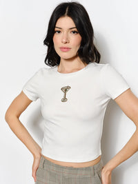 Martini Embroidered White Fitted Beaded Tee