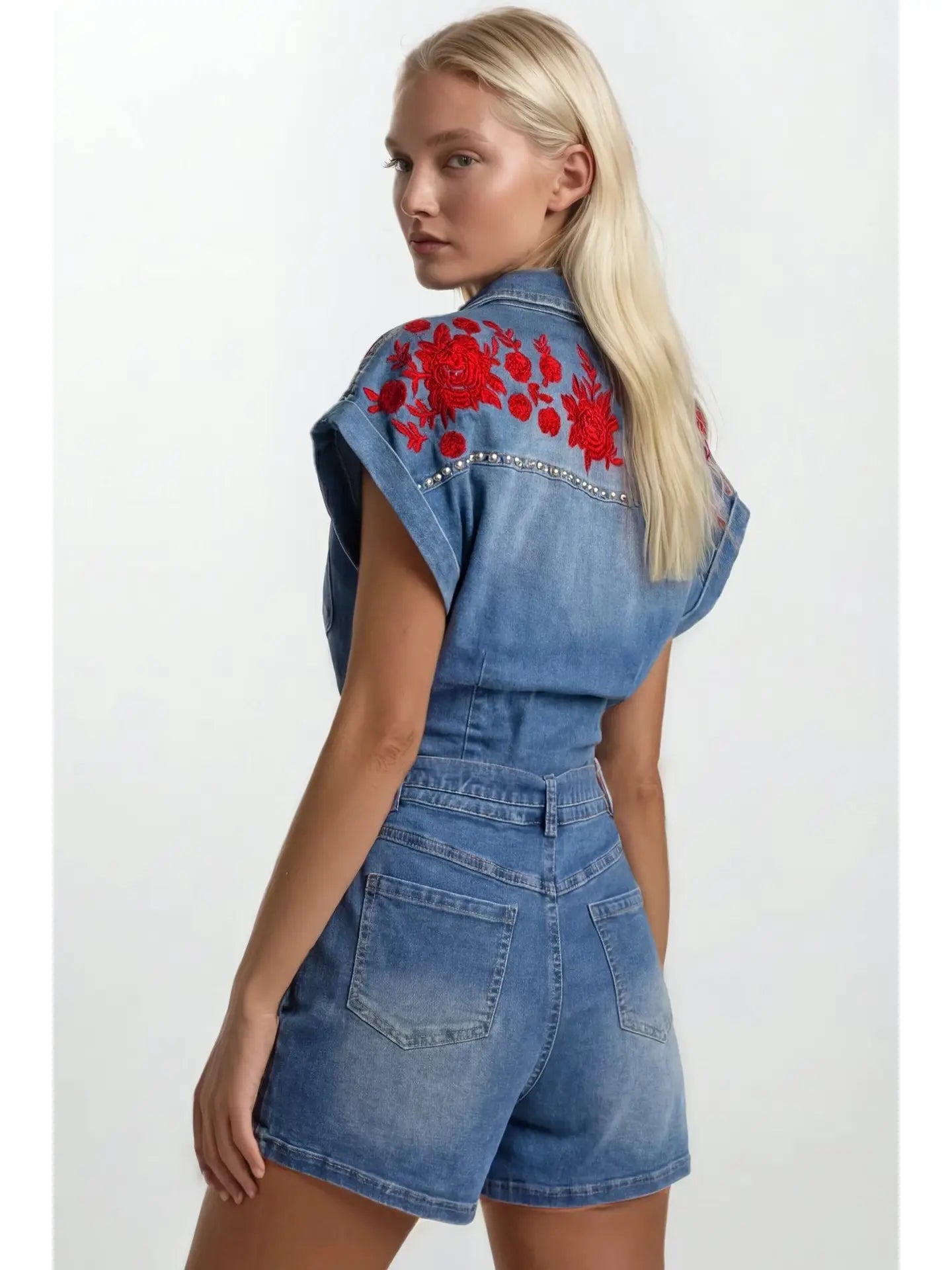 Floral Embroidered Studded Belted Denim Romper