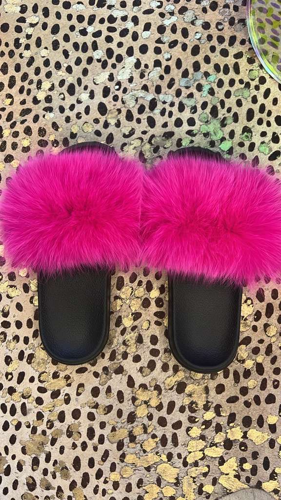 Hot Pink Fox Fur Fluffy Slide Sandals
