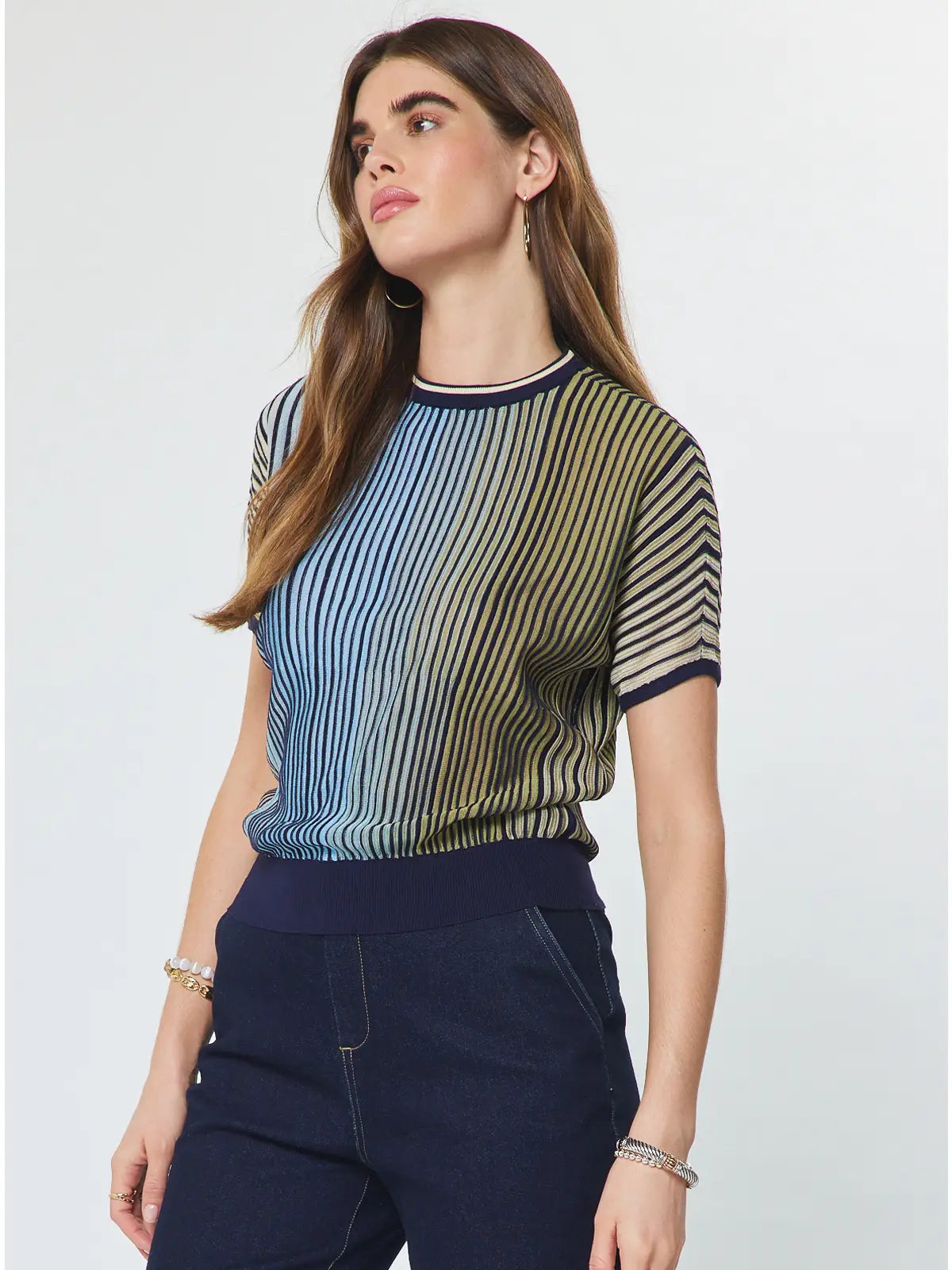 Colorblock Vertical Stripe Knit Short Sleeve Sweater Top