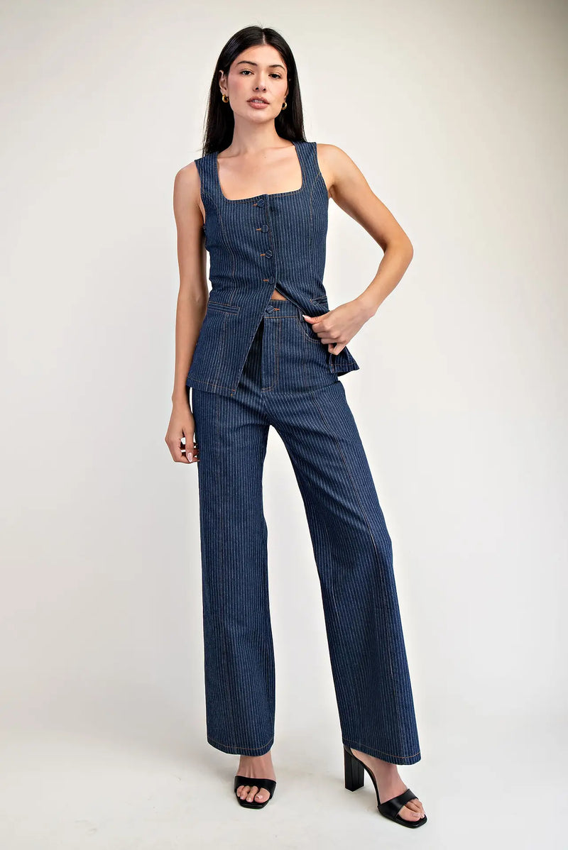 Navy Pinstripe High-Waisted Wide-Leg Trousers
