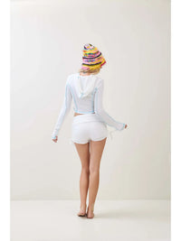 White Ribbed Button Front Hooded Crop Top with Contrast Stitching
