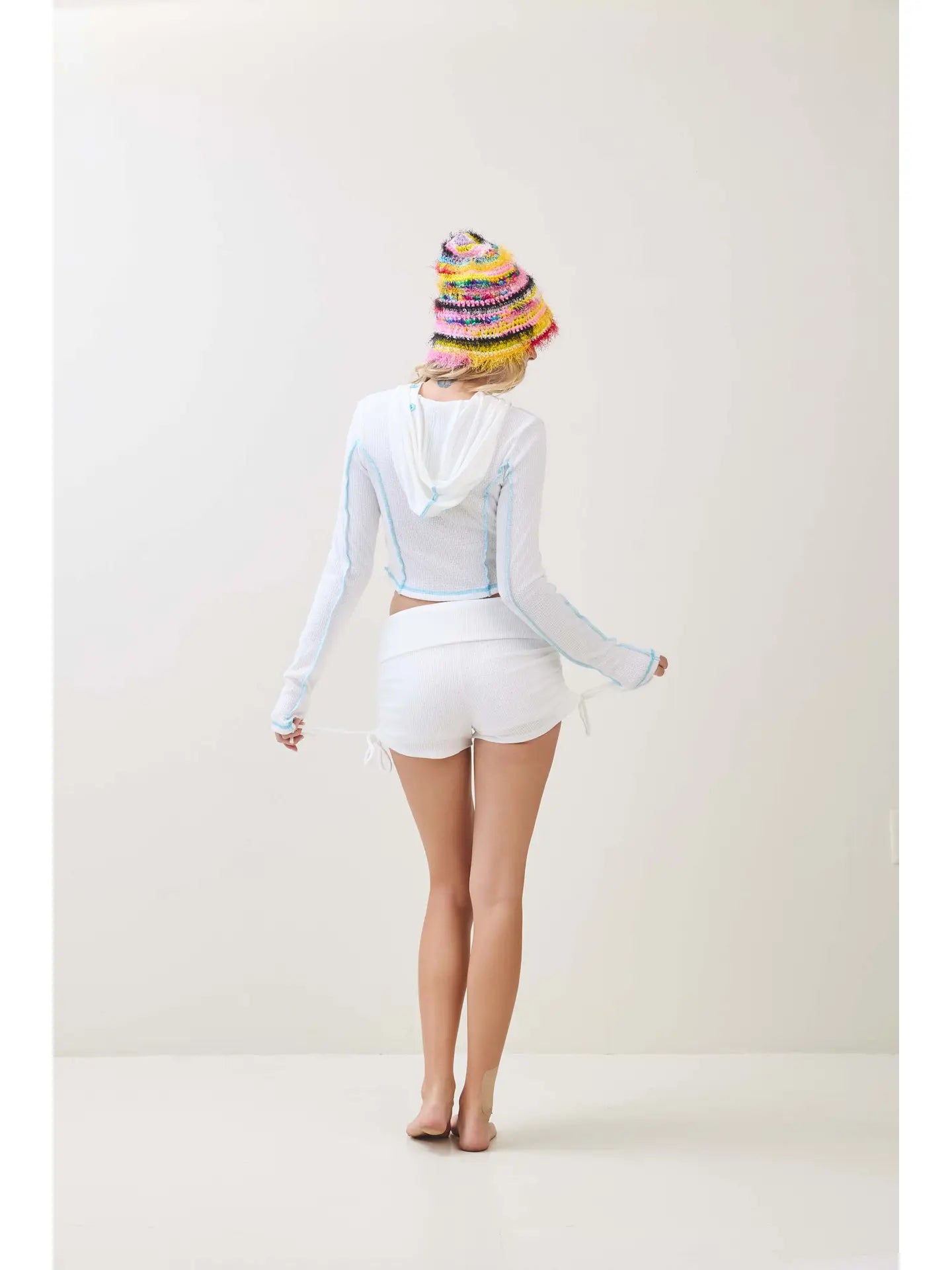 White Ribbed Button Front Hooded Crop Top with Contrast Stitching