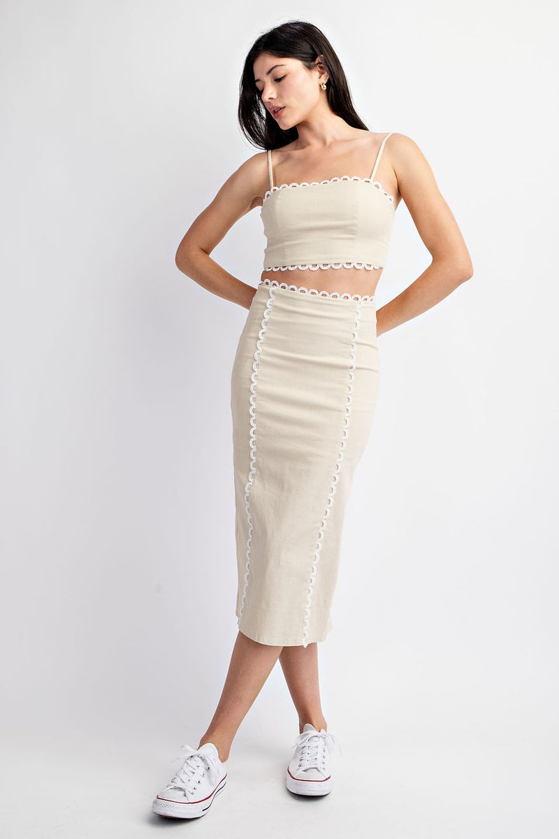 LINEN MIDI SKIRT WITH CONTRAST LACE