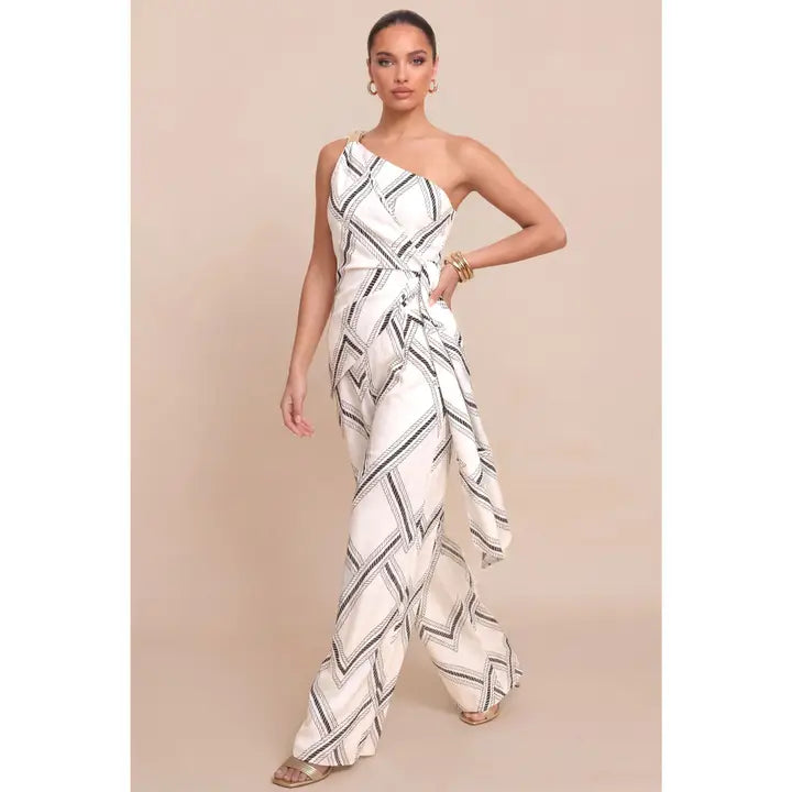 One-Shoulder Printed Top and Wide-Leg Pants Set with Wrap Detail