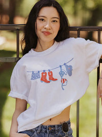 White Graphic Cropped T-Shirt with Western Boots Print