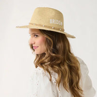 Bride Pearl Embellished Wide Brim Straw Hat with Shell Detail