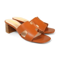 Tan Cutout Strap Block Heel Slide Sandals