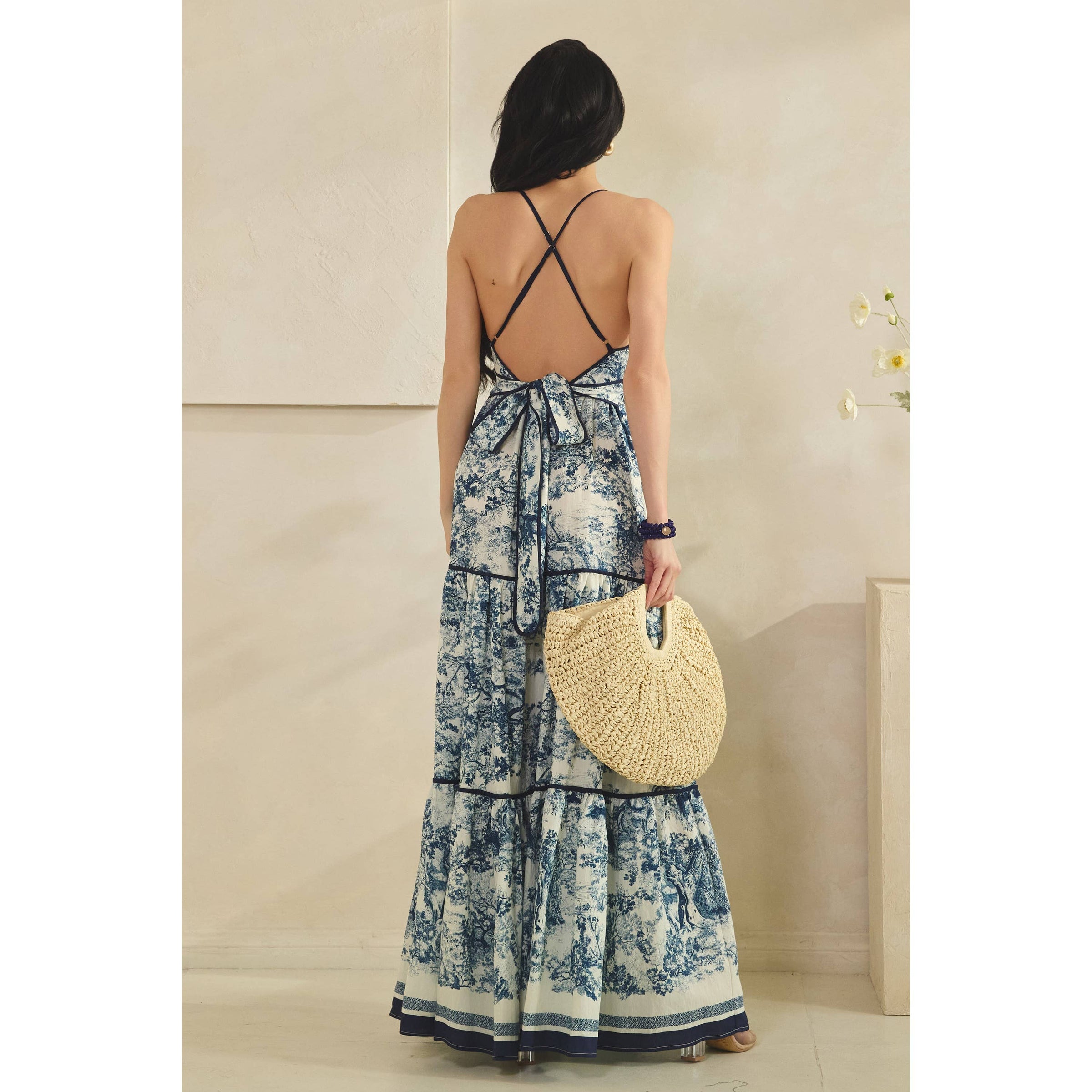 Deep V Neck Tiered Flowy Maxi Dress