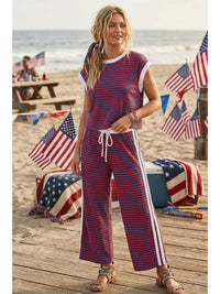 Red and Blue Striped Lounge Set with Wide-Leg Pants