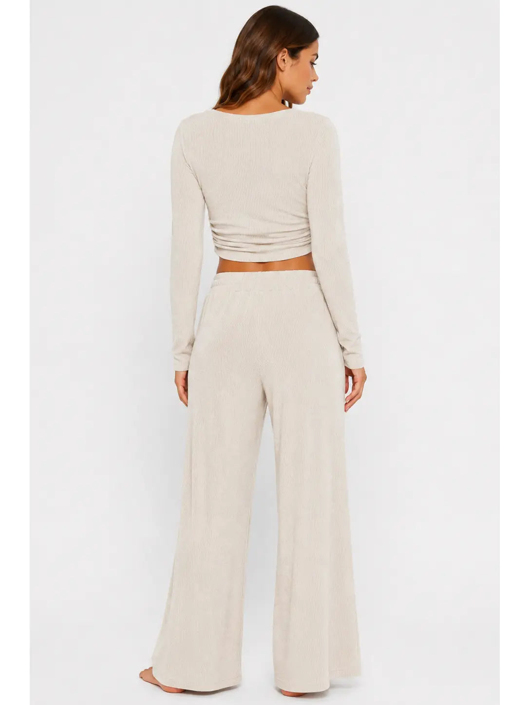 White Ribbed Knit Lounge Set with Ruched Crop Top and Wide Leg Pants