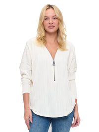 White Textured Zip Front Long Sleeve Blouse Top