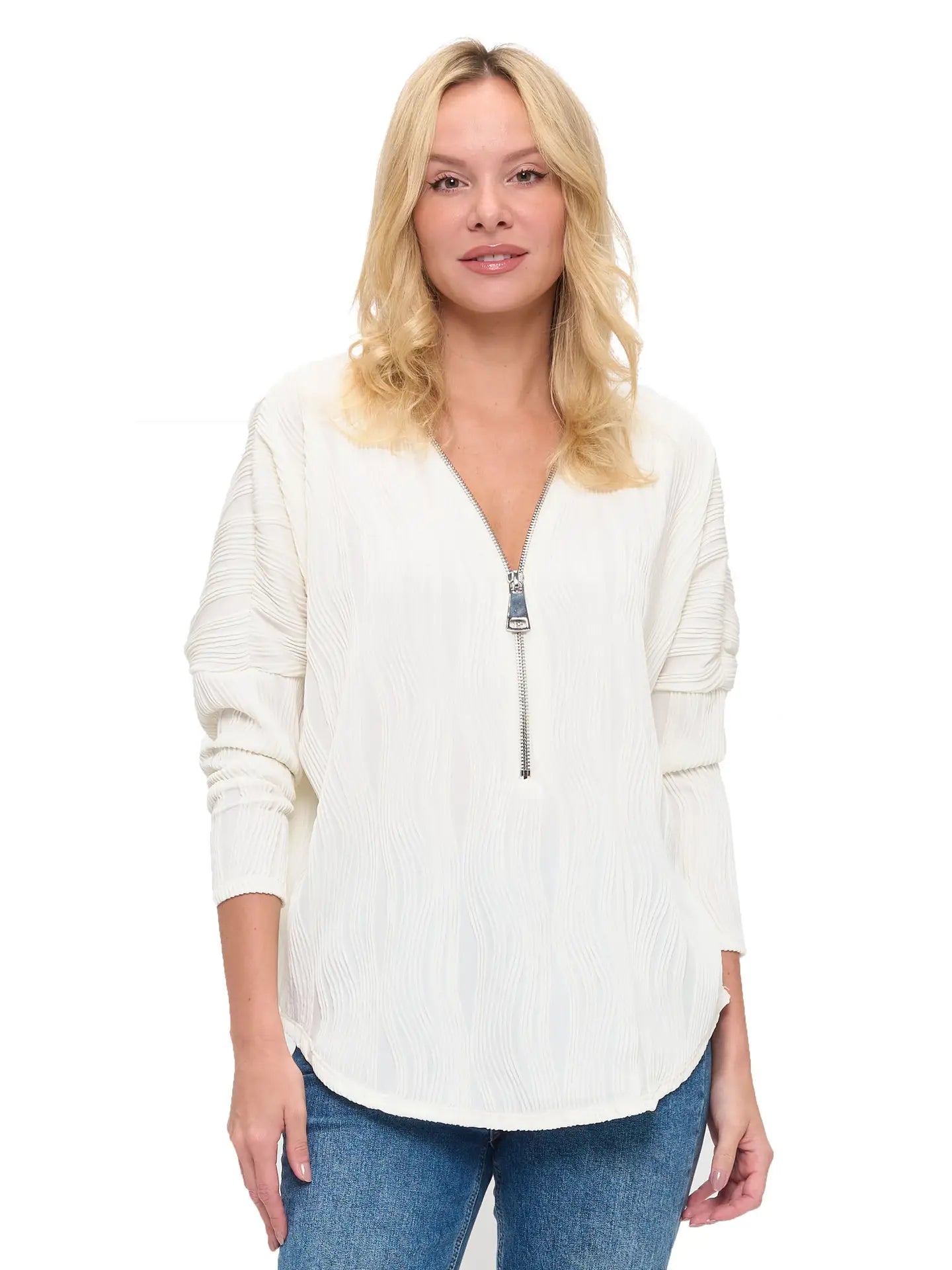 White Textured Zip Front Long Sleeve Blouse Top
