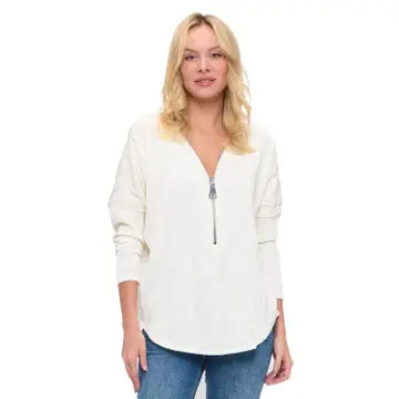 White Zip Neck Relaxed Fit Everyday Blouse
