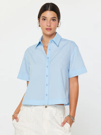 Light Blue Cropped Button-Up Shirt with Pleated Back Detail