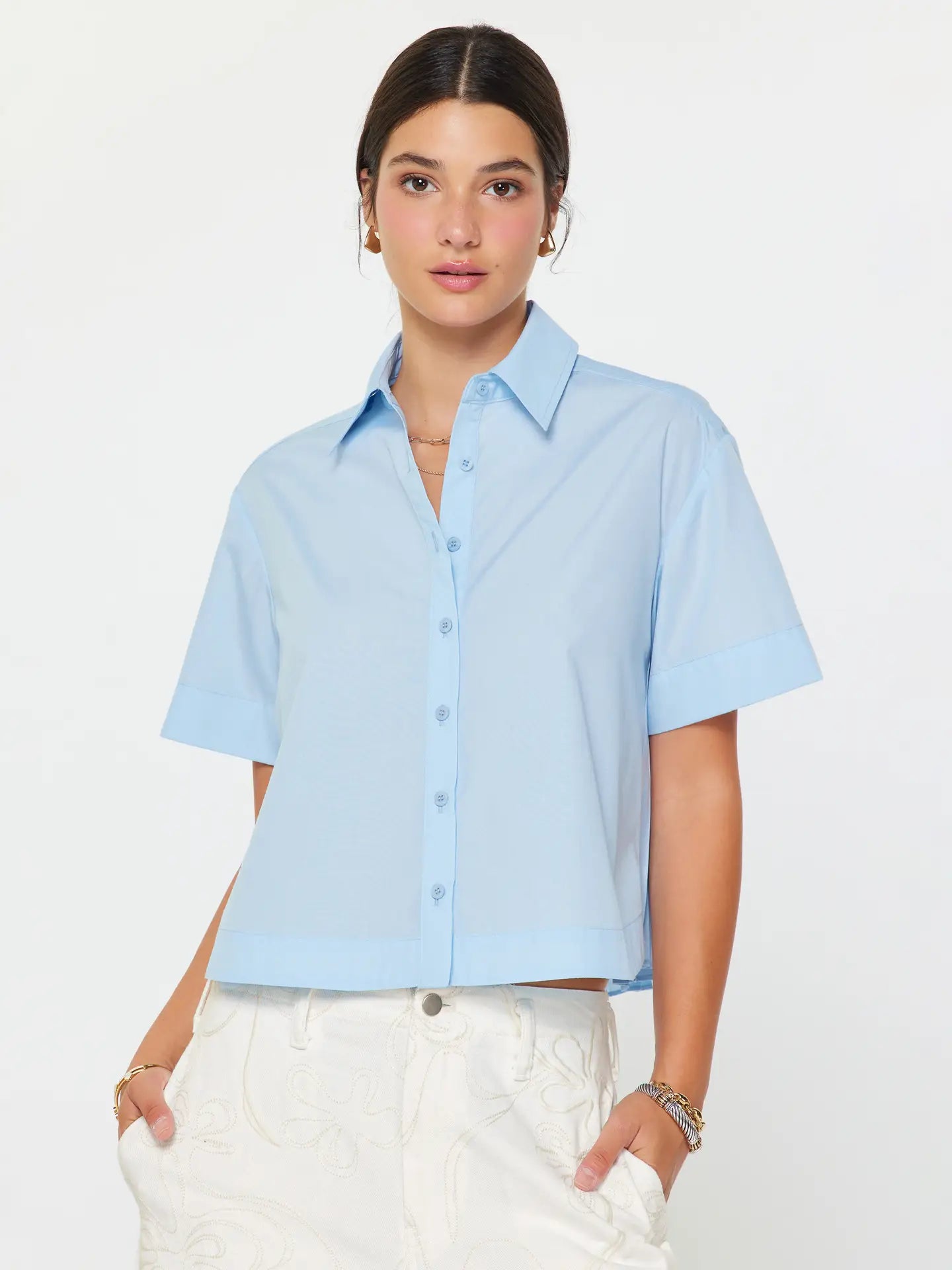 Light Blue Cropped Button-Up Shirt with Pleated Back Detail