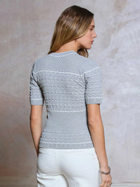 Gray Textured Knit Button Front Short Sleeve Cardigan Top