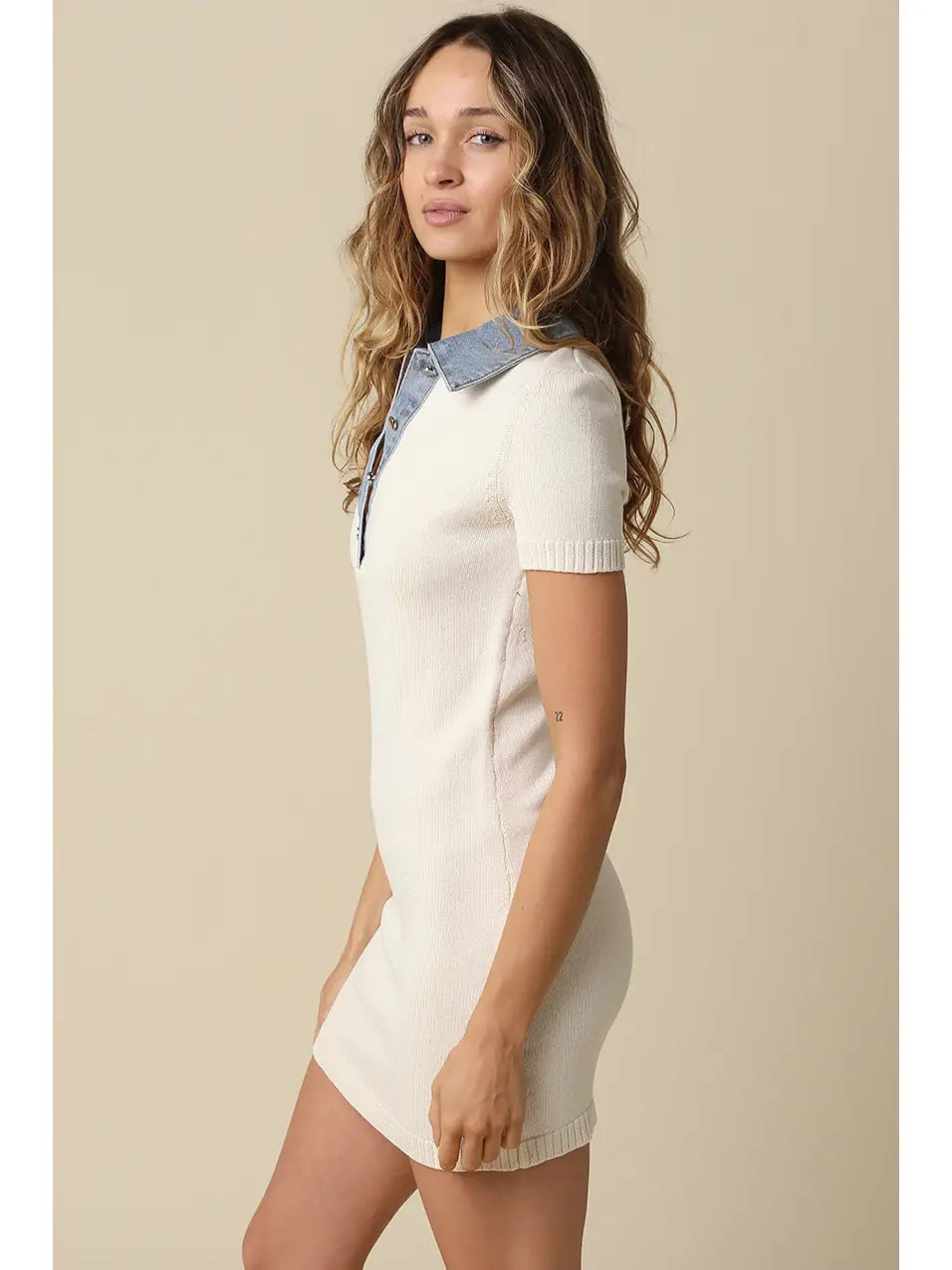 Ribbed Knit Mini Dress with Contrast Denim Collar and Button Placket