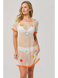 White Crochet Mesh Beach Cover Up with Orange Trim