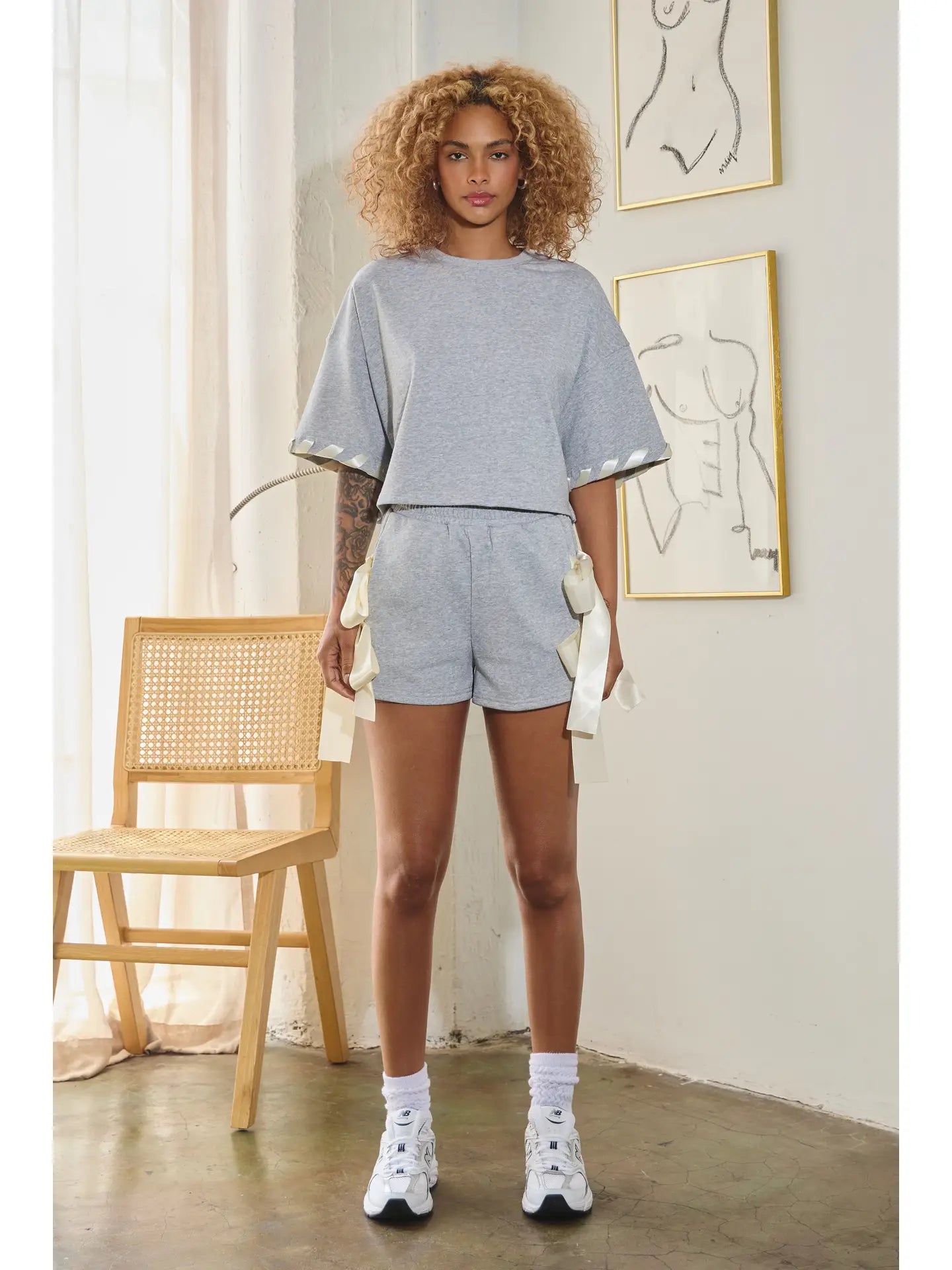 Heather Gray Lounge Shorts with Oversized Satin Side Bows