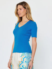 Blue Ribbed V-Neck Short Sleeve Knit Top