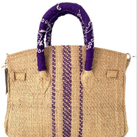 Natural Burlap Tote Bag with Purple Stripe Detail and Scarf Wrapped Handles