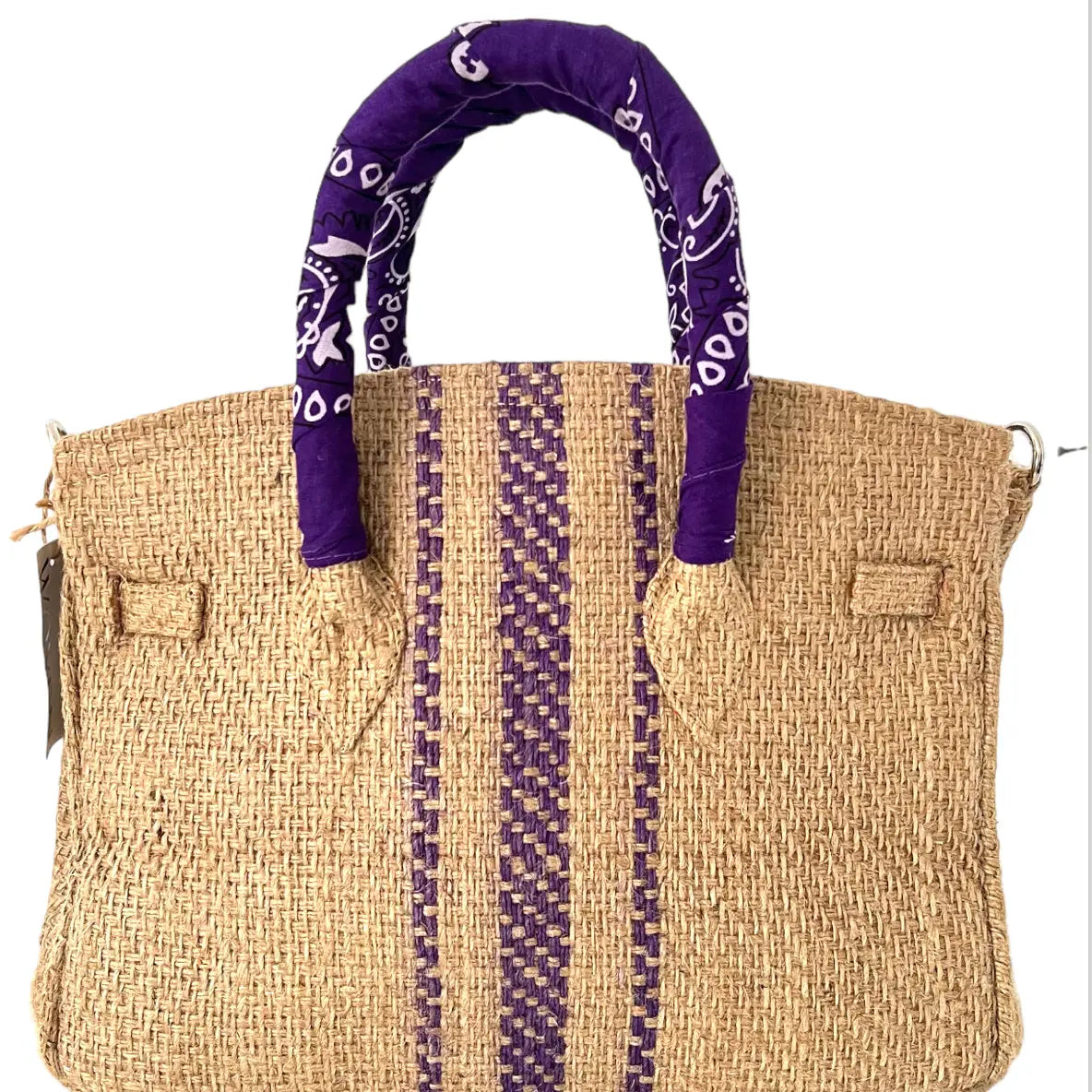 Natural Burlap Tote Bag with Purple Stripe Detail and Scarf Wrapped Handles