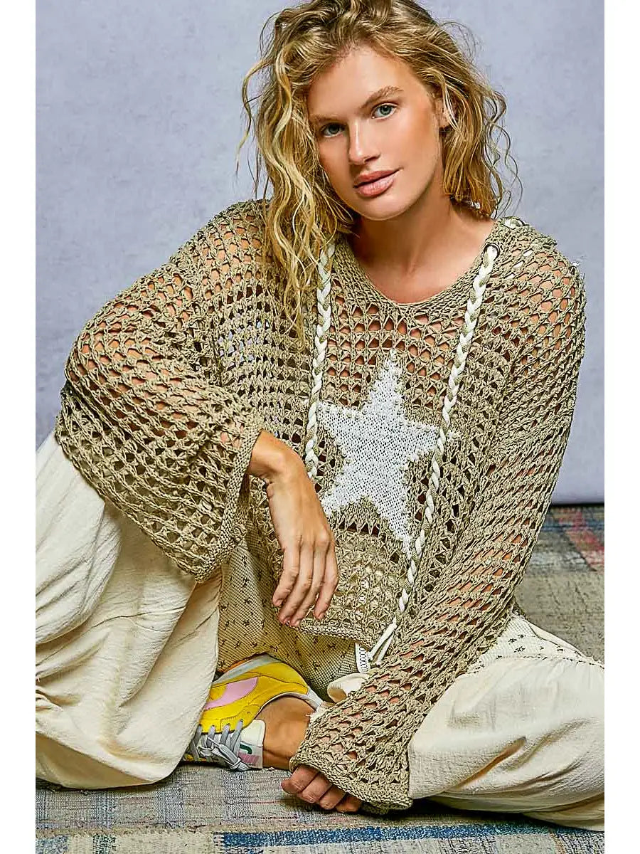 Boho Crochet Star Hooded Knit Top