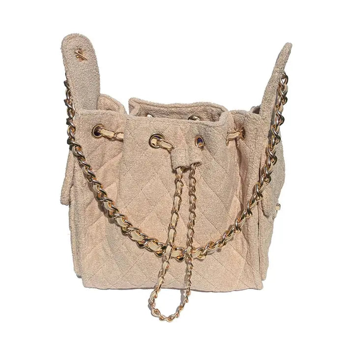 Quilted Bucket Small Bag with Gold Chain Strap and Drawstring Closure