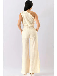 Ivory One-Shoulder Eyelet Lace Wide Leg Jumpsuit