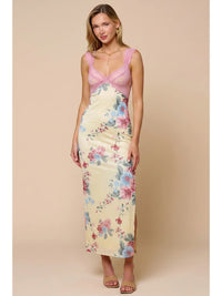 Floral Lace Trim Midi Dress with Side Slit and Stretch Fit