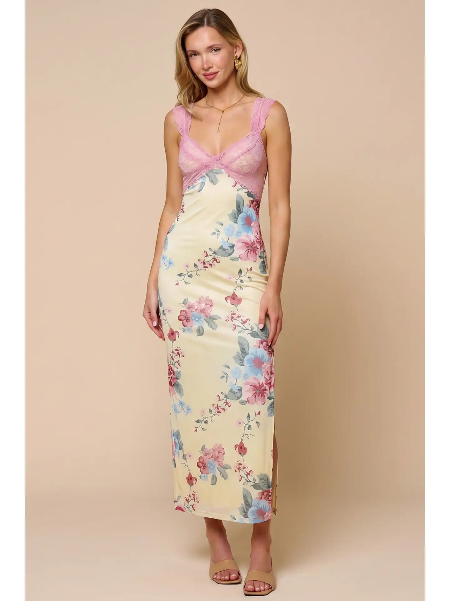 Floral Lace Trim Midi Dress with Side Slit and Stretch Fit