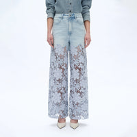 Lace Overlay High Waist Denim Pants in Light Wash