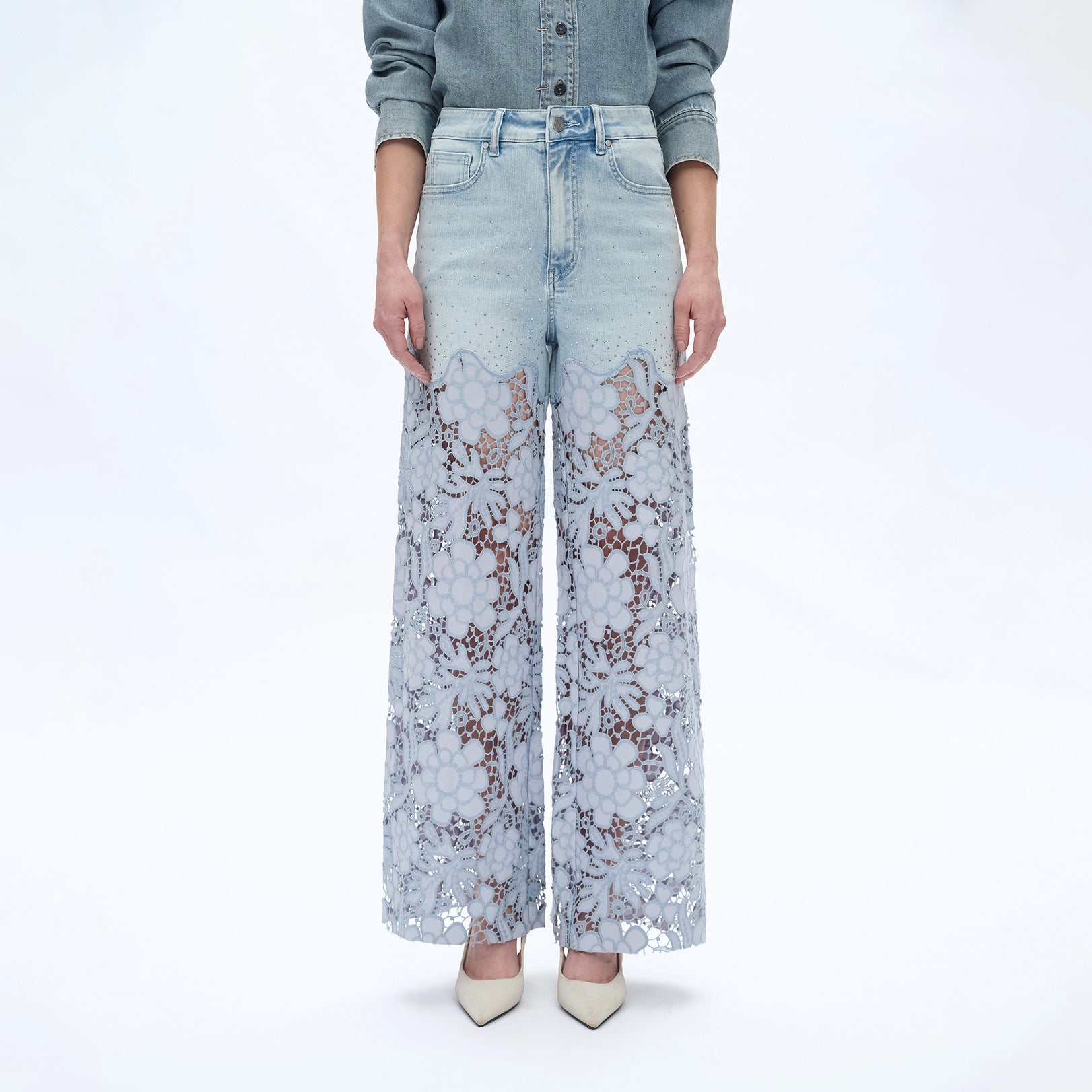 Lace Overlay High Waist Denim Pants in Light Wash