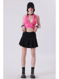 Pink Ribbed Halter Neck Crop Top with Deep V Neckline
