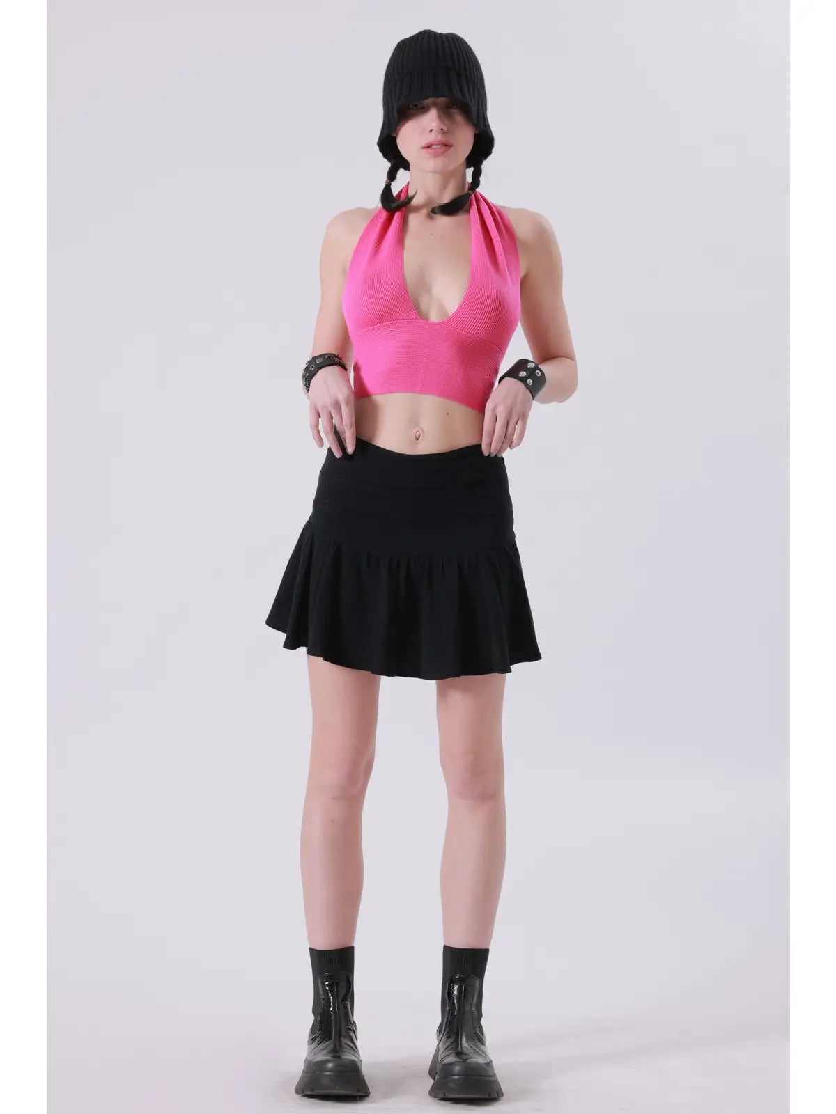 Pink Ribbed Halter Neck Crop Top with Deep V Neckline