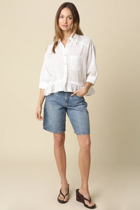 Lightweight Ruffle Hem Button-Up Blouse with Puff Sleeves in White