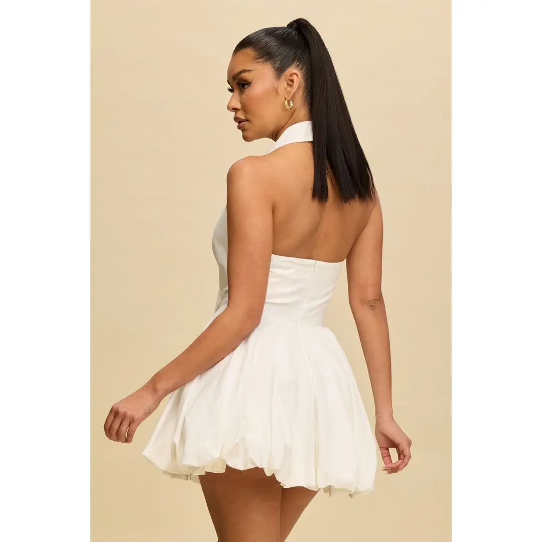 Ivory Tie-Front Halter Mini Dress with Bubble Hem L Ivory Tie-Front Halter Mini Dress with Bubble Hem L
